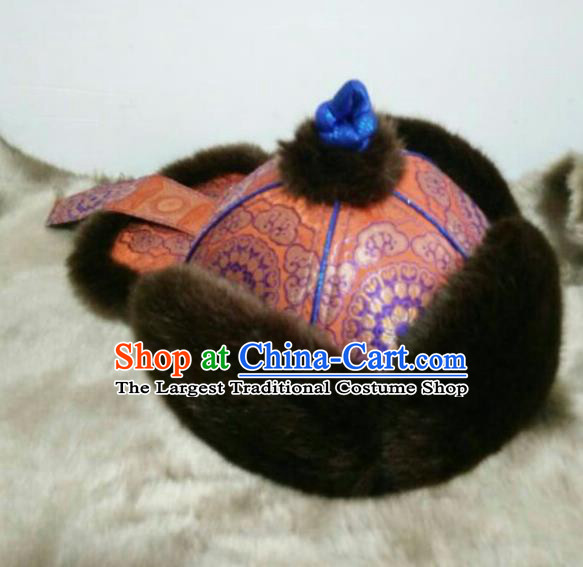 Traditional Chinese Mongol Nationality Folk Dance Hats Mongols Ethnic Royal Highness Orange Hat for Men