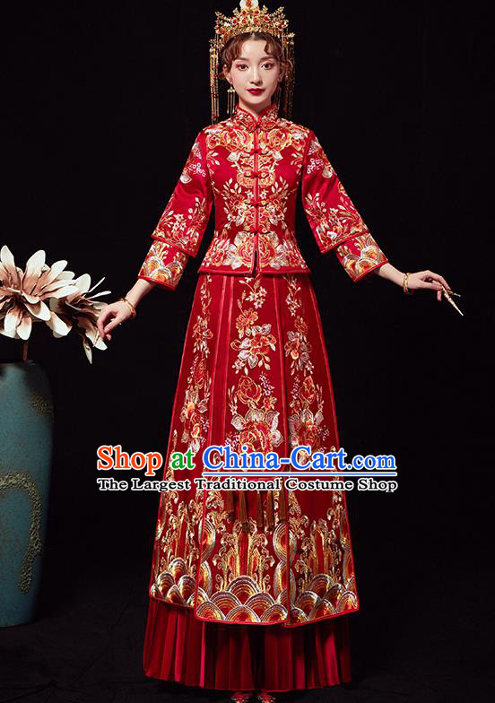 Chinese Traditional Wedding Costumes Ancient Bride Embroidered Peony Red Xiuhe Suits Full Dress for Women