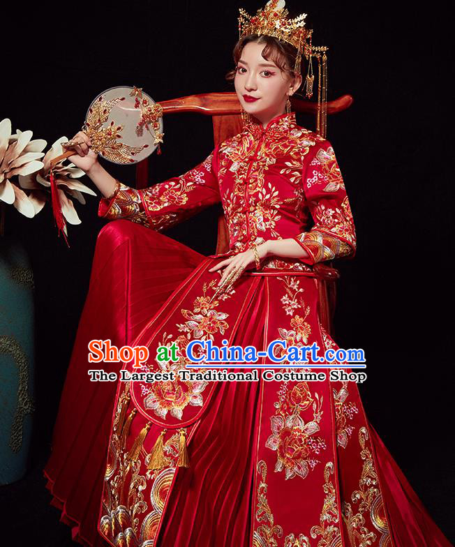 Chinese Traditional Wedding Costumes Ancient Bride Embroidered Peony Red Xiuhe Suits Full Dress for Women