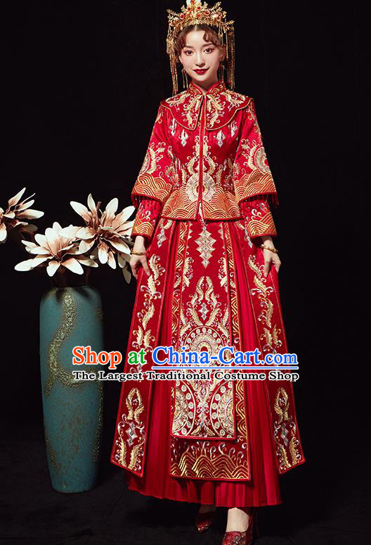 Chinese Traditional Wedding Costumes Ancient Bride Embroidered Red Xiuhe Suits Full Dress for Women