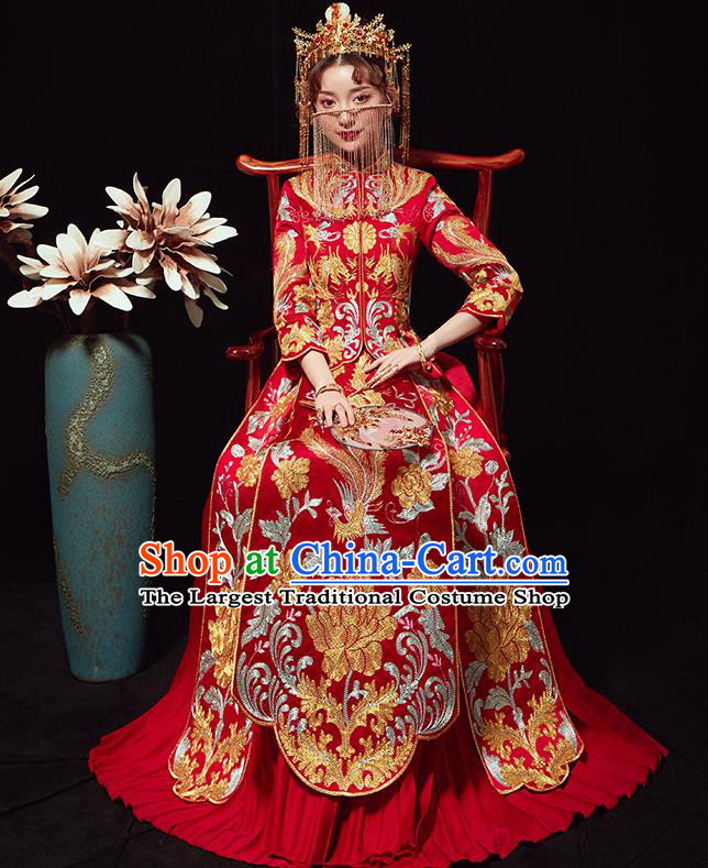 Chinese Traditional Wedding Costumes Ancient Bride Embroidered Xiuhe Suits Red Full Dress for Women