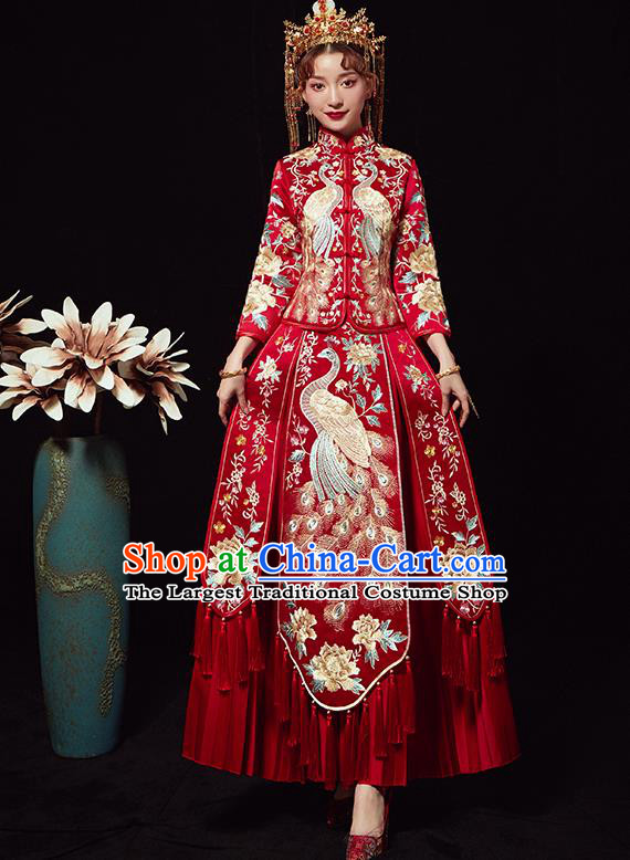 Chinese Traditional Wedding Costumes Embroidered Peacock Xiuhe Suits Ancient Bride Red Full Dress for Women