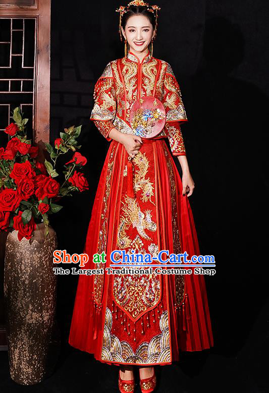 Chinese Traditional Wedding Costumes Embroidered Phoenix Xiuhe Suits Ancient Bride Red Full Dress for Women