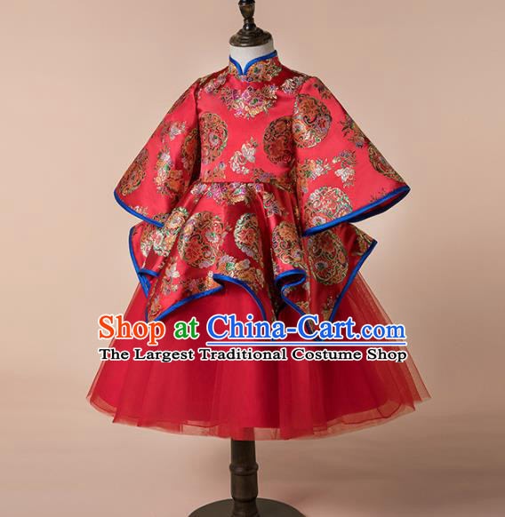 Children Catwalks Costume Chinese Girls Compere Modern Dance Red Satin Cheongsam Full Dress for Kids
