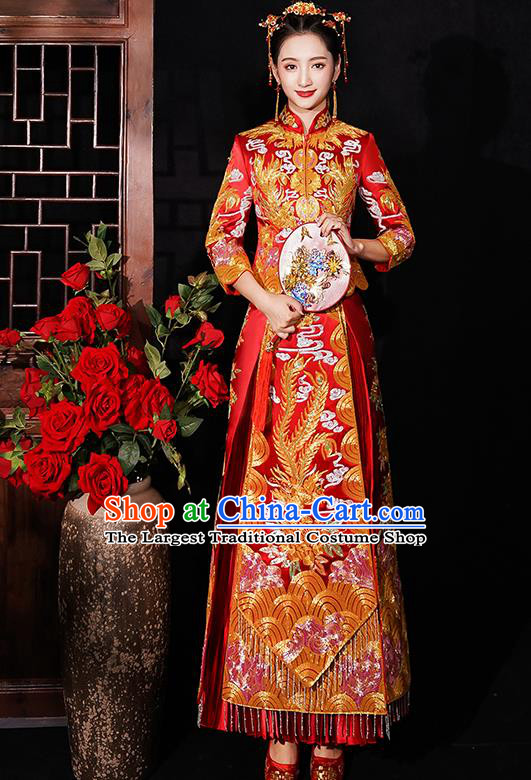 Chinese Traditional Wedding Costumes Bride Embroidered Phoenix Peony Red Xiuhe Suits Ancient Full Dress for Women