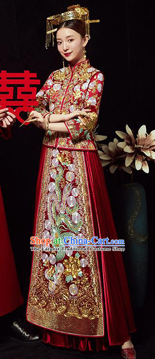 Chinese Traditional Wedding Costumes Bride Embroidered Phoenix Red Xiuhe Suits Ancient Full Dress for Women