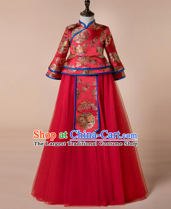 Children Catwalks Costume Chinese Girls Compere Modern Dance Red Veil Cheongsam Full Dress for Kids