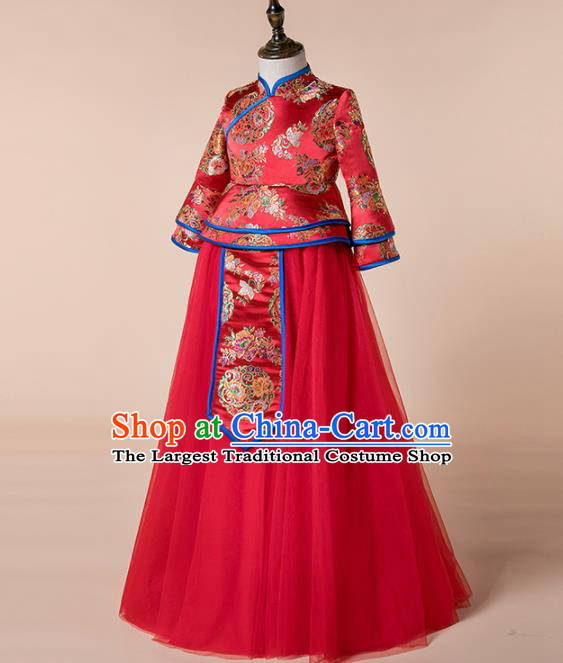 Children Catwalks Costume Chinese Girls Compere Modern Dance Red Veil Cheongsam Full Dress for Kids