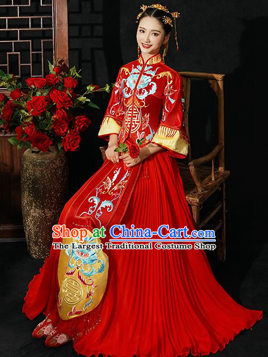 Chinese Traditional Wedding Costumes Bride Toast Xiuhe Suits Ancient Embroidered Lotus Full Dress for Women