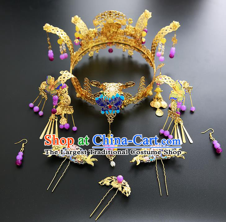 Chinese Ancient Traditional Hanfu Hairpins Blueing Phoenix Coronet Handmade Classical Hair Accessories Complete Set for Women