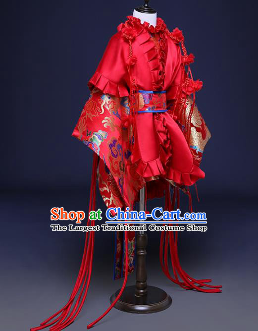 Chinese Children Catwalks Costume Girls Compere Modern Dance Red Full Dress for Kids