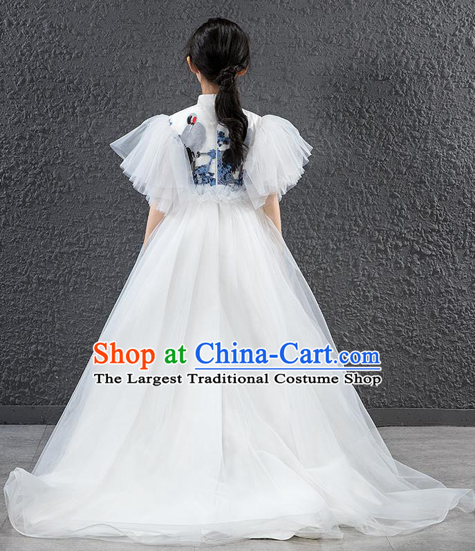 Children Modern Dance Costume Chinese Compere Halloween Catwalks Embroidered White Full Dress for Kids
