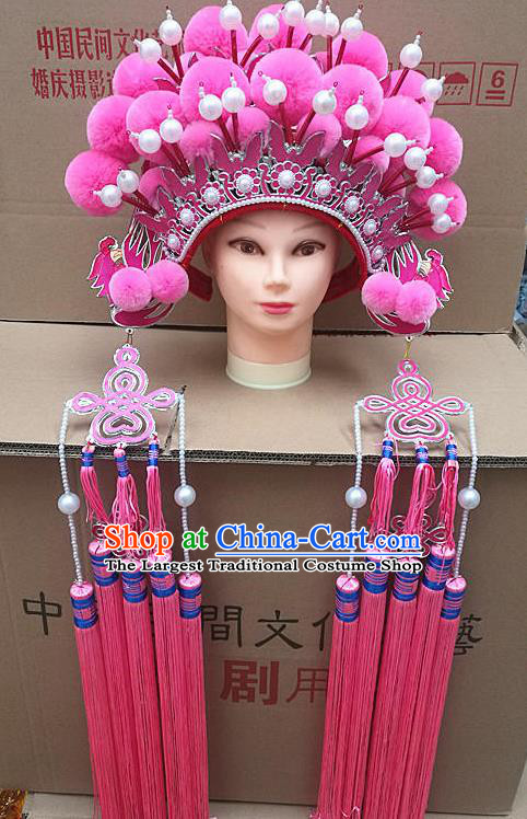 Chinese Traditional Peking Opera Actress Bride Pink Phoenix Coronet Beijing Opera Princess Chaplet Hats for Women