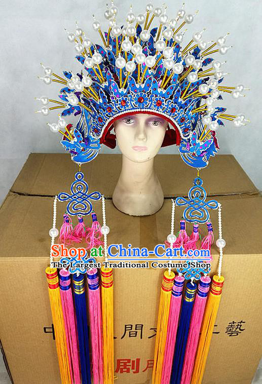 Chinese Traditional Peking Opera Blue Butterfly Phoenix Coronet Beijing Opera Diva Chaplet Hats for Women