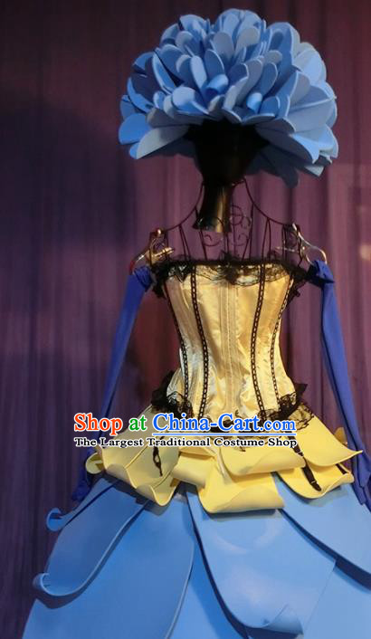 Halloween Cosplay Queen Stage Show Costumes Brazilian Carnival Parade Blue Dress and Headwear for Women