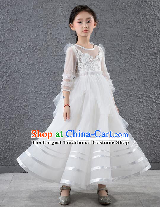 Children Catwalks Stage Performance Costume Compere Flowers Fairy White Veil Full Dress for Girls Kids