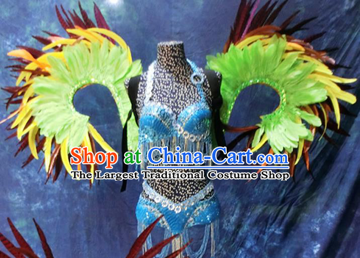 Halloween Stage Show Feather Costumes Brazilian Carnival Parade Blue Swimsuit and Wings for Women