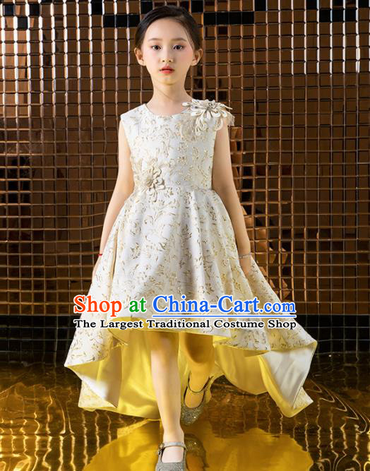 Children Catwalks Princess Costume Compere Stage Performance Beige Trailing Full Dress for Girls Kids