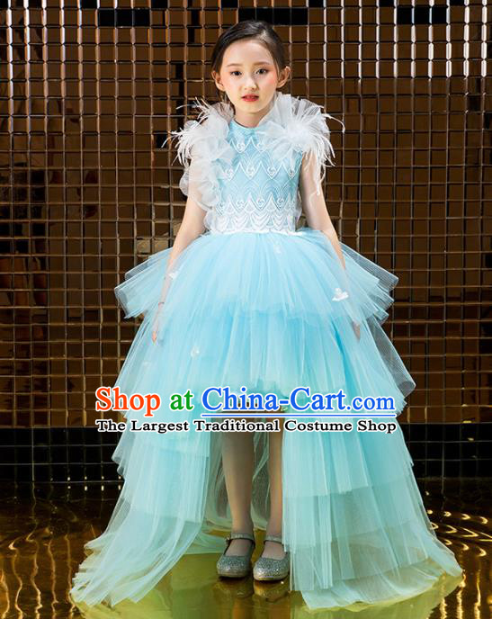 Children Catwalks Costume Stage Performance Compere Modern Dance Blue Veil Trailing Full Dress for Girls Kids