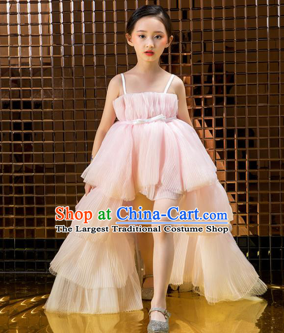 Children Catwalks Costume Stage Performance Compere Modern Dance Pink Veil Trailing Full Dress for Girls Kids