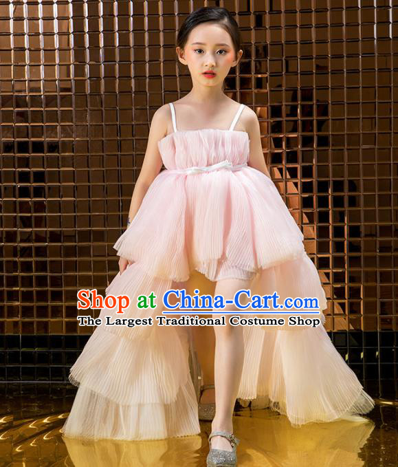 Children Catwalks Costume Stage Performance Compere Modern Dance Pink Veil Trailing Full Dress for Girls Kids
