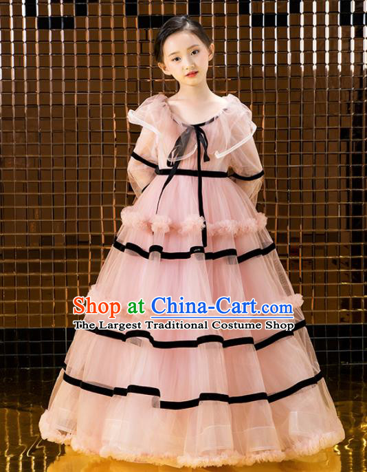 Children Catwalks Princess Costume Compere Modern Dance Pink Veil Full Dress for Girls Kids