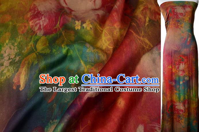 Asian Printing Red Gambiered Guangdong Gauze Material Chinese Traditional Pattern Silk Design Brocade Fabric