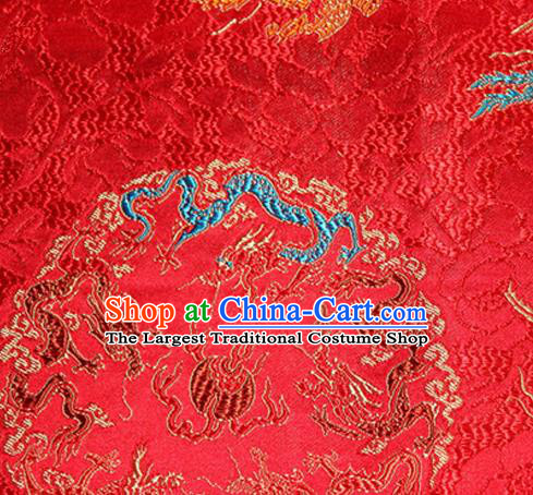 Asian Chinese Tang Suit Satin Material Traditional Dragons Pattern Design Red Brocade Silk Fabric