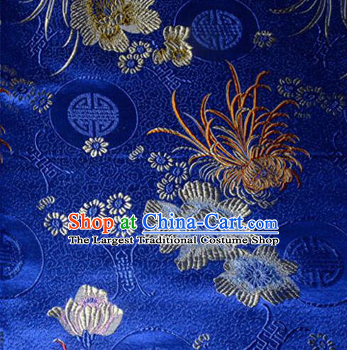 Asian Chinese Tang Suit Material Traditional Chrysanthemum Peony Pattern Design Royalblue Satin Brocade Silk Fabric