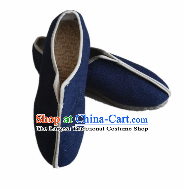 Chinese Traditional National Navy Linen Shoes Martial Arts Shoes Ancient Monk Shoes for Men