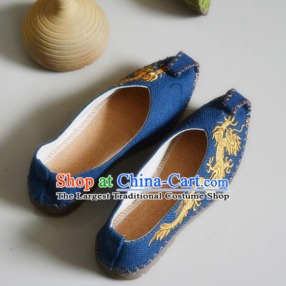 Chinese Traditional National Embroidered Dragons Navy Linen Shoes Martial Arts Shoes Ancient Monk Shoes for Men