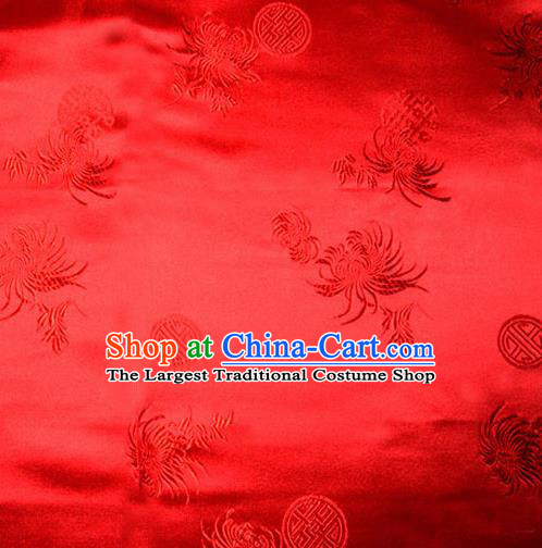 Asian Chinese Tang Suit Red Brocade Material Traditional Longevity Chrysanthemum Pattern Design Satin Silk Fabric