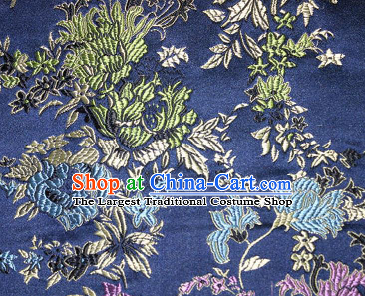 Asian Chinese Tang Suit Silk Fabric Navy Brocade Traditional Peony Pattern Design Satin Material