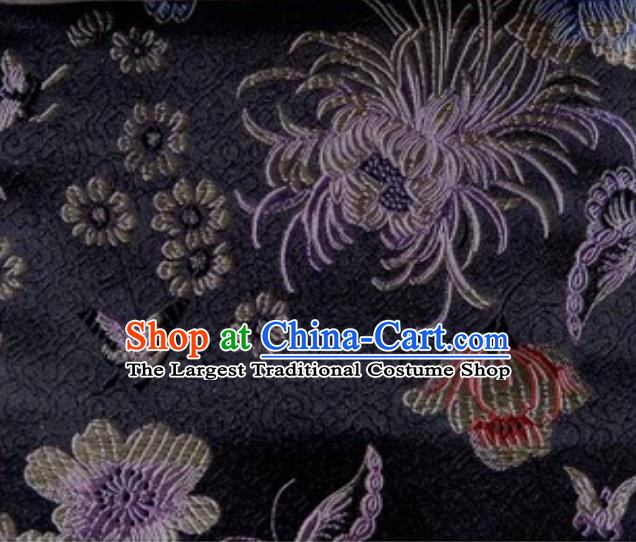 Asian Traditional Peony Chrysanthemum Pattern Design Black Satin Material Chinese Tang Suit Brocade Silk Fabric