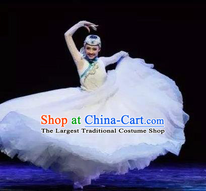 Chinese Traditional Classical Dance Costumes Umbrella Dance Folk Dance White Dress for Women