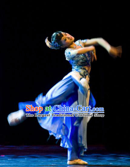 Chinese Traditional Classical Dance Group Dance Costumes Stage Performance Blue Dress for Women