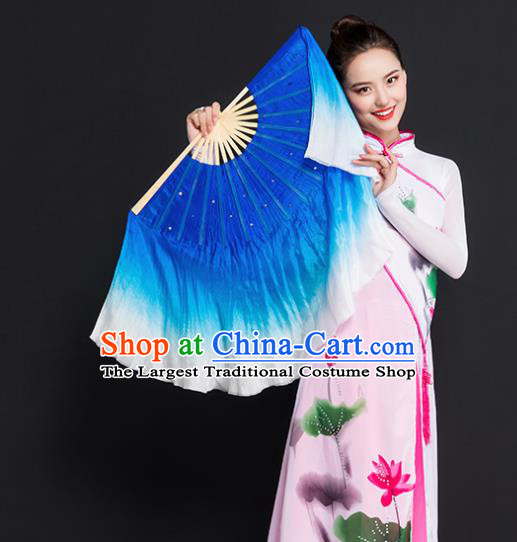 Chinese Traditional Folk Dance Props Double Sides Royalblue Ribbon Silk Fans Folding Fans Yangko Fan