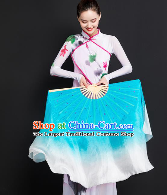 Chinese Traditional Folk Dance Props Double Sides Blue Ribbon Silk Fans Folding Fans Yangko Fan