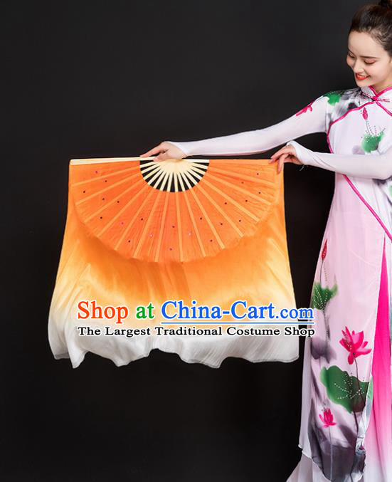Chinese Traditional Folk Dance Props Double Sides Orange Ribbon Silk Fans Folding Fans Yangko Fan