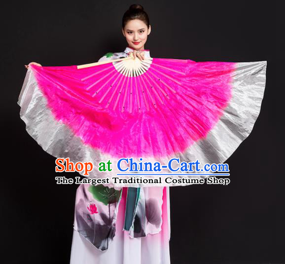 Chinese Traditional Folk Dance Props Rosy Ribbon Double Sides Fans Silk Folding Fans Yangko Fan