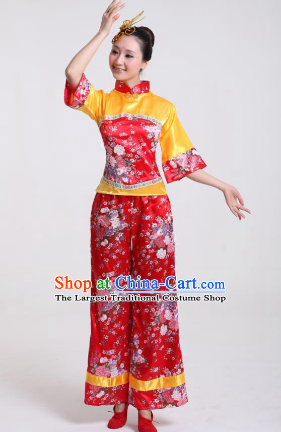 Chinese Traditional Yangko Dance Satin Costumes Group Dance Stage Performance Folk Dance Clothing for Women