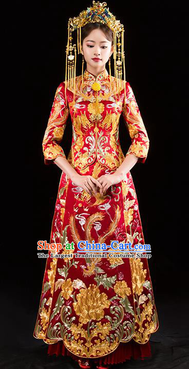 Chinese Traditional Wedding Toast Red Xiuhe Suits Ancient Bride Embroidered Phoenix Costumes for Women