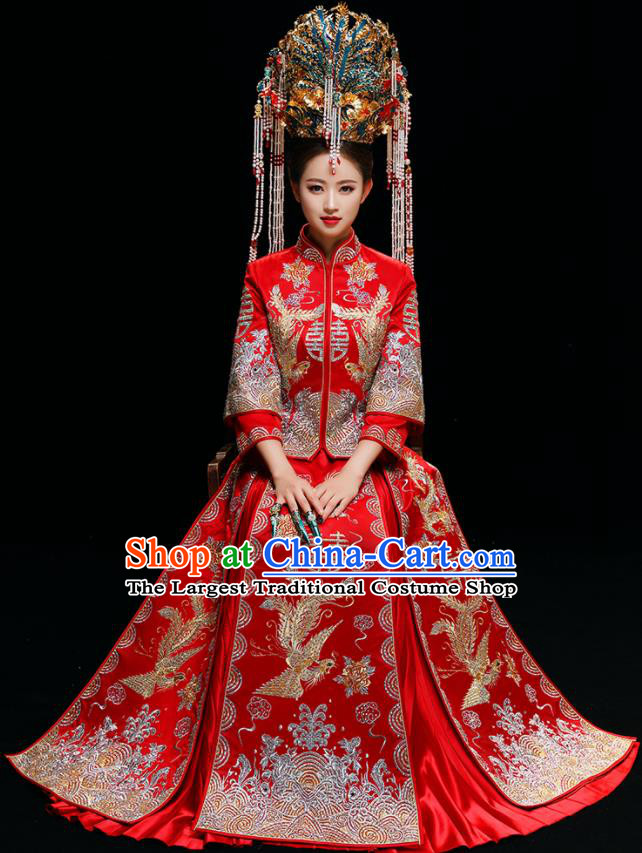 Chinese Traditional Wedding Toast Diamante Xiuhe Suits Ancient Bride Dress Embroidered Costumes for Women