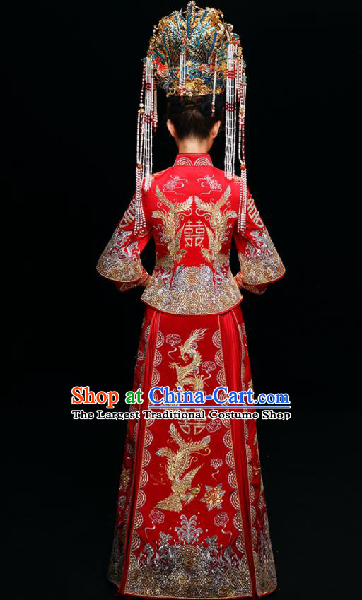 Chinese Traditional Wedding Toast Diamante Xiuhe Suits Ancient Bride Dress Embroidered Costumes for Women