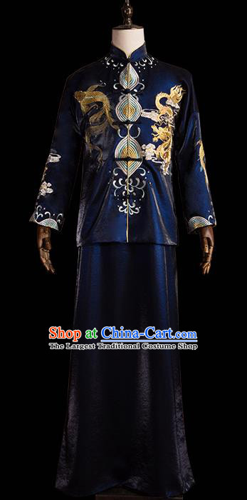 Chinese Traditional Wedding Costumes Tang Suit Bridegroom Embroidered Navy Clothing for Men