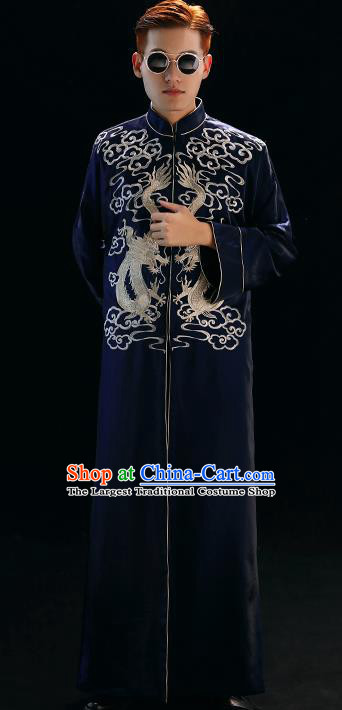 Chinese Traditional Wedding Costumes Tang Suit Bridegroom Embroidered Navy Long Gown for Men