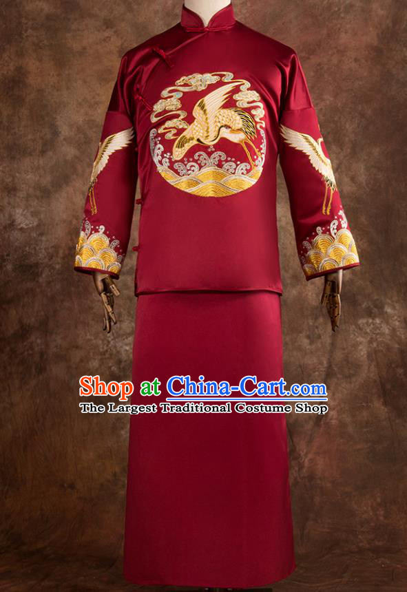 Chinese Traditional Wedding Costumes Tang Suit Bridegroom Embroidered Crane Red Long Gown for Men