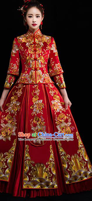 Chinese Traditional Wedding Dress Red Diamante Xiuhe Suits Ancient Bride Handmade Embroidered Peony Costumes for Women
