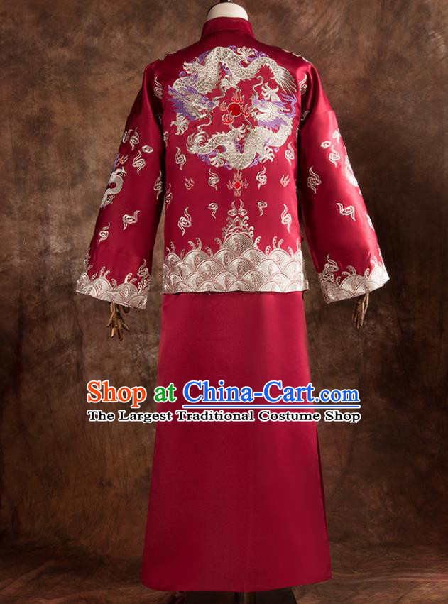 Chinese Traditional Wedding Costumes Bridegroom Embroidered Dragon Tang Suit Long Gown for Men