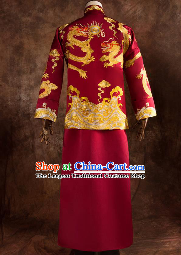 Chinese Traditional Wedding Costumes Bridegroom Embroidered Dragon Tang Suit Red Gown for Men